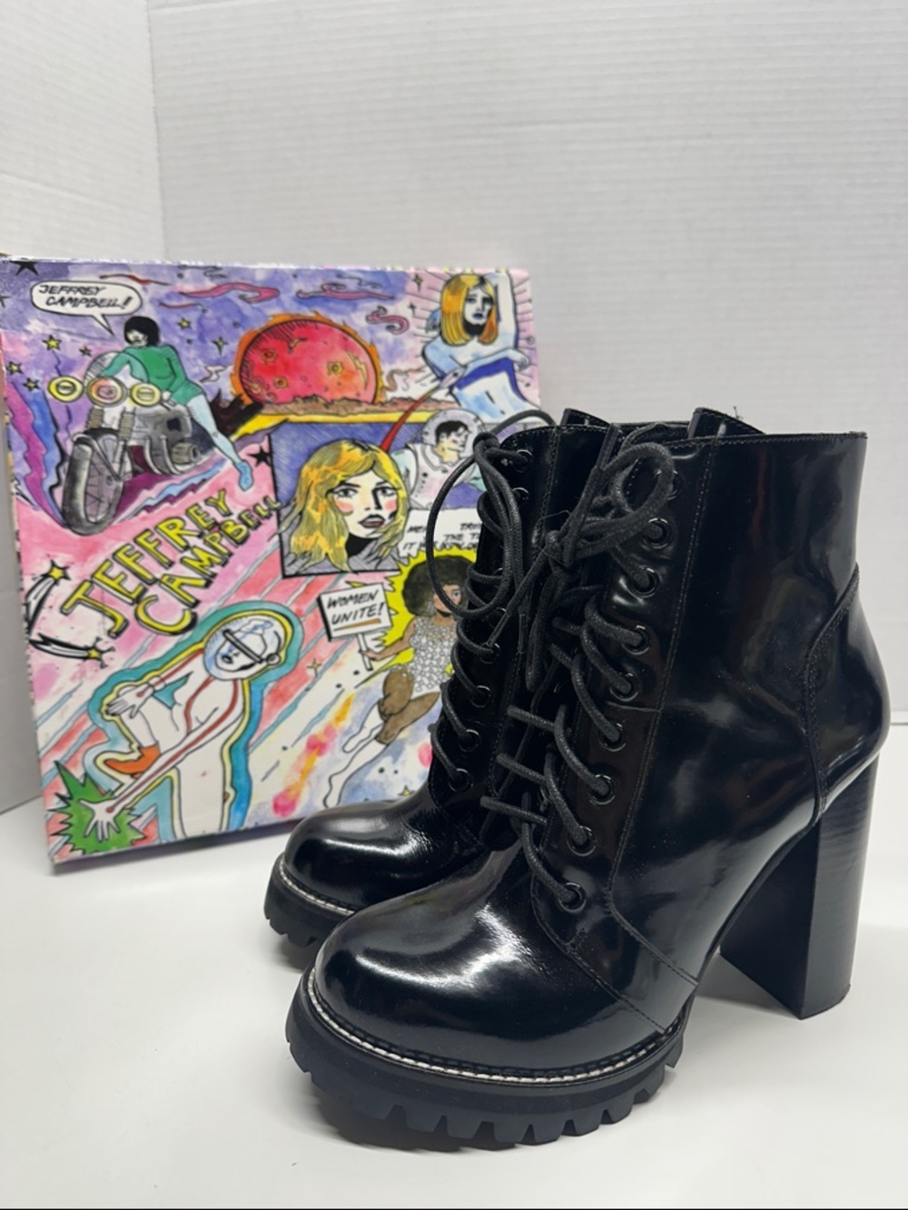 Jeffrey Campbell Legion Boots Lace Up High Heeled Ankle Boot Leather Black 8.5
